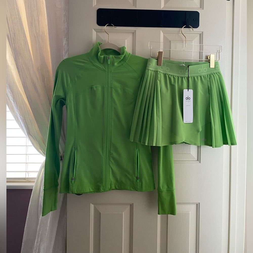 Alo Yoga Green Apple Aces Tennis Skirt & Track Jacket Set
